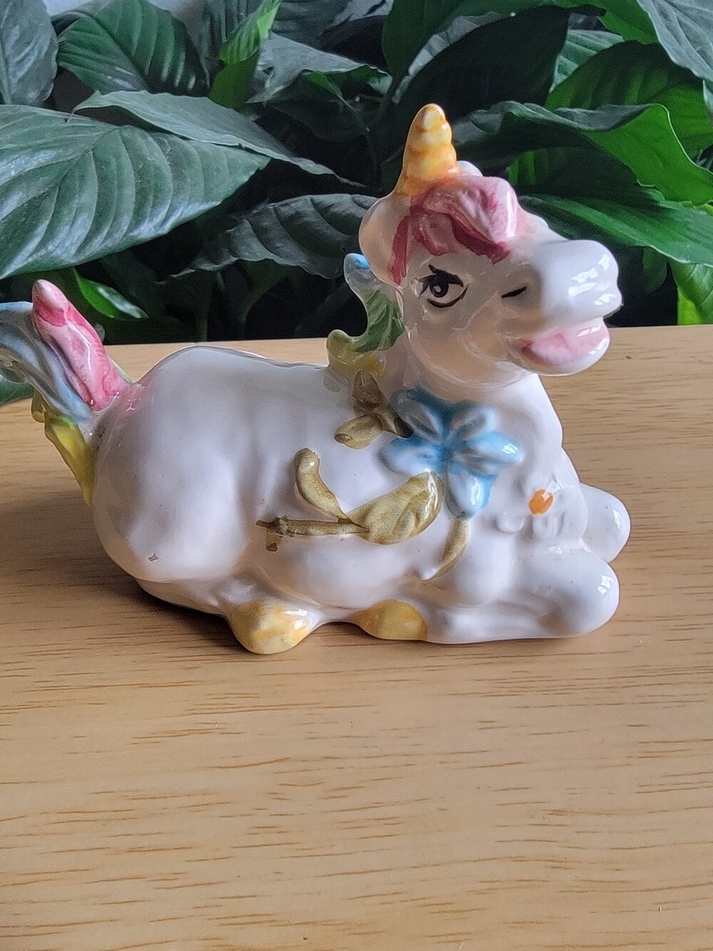 Vintage Ceramic Unicorn Figurine White with Multicolor Accents